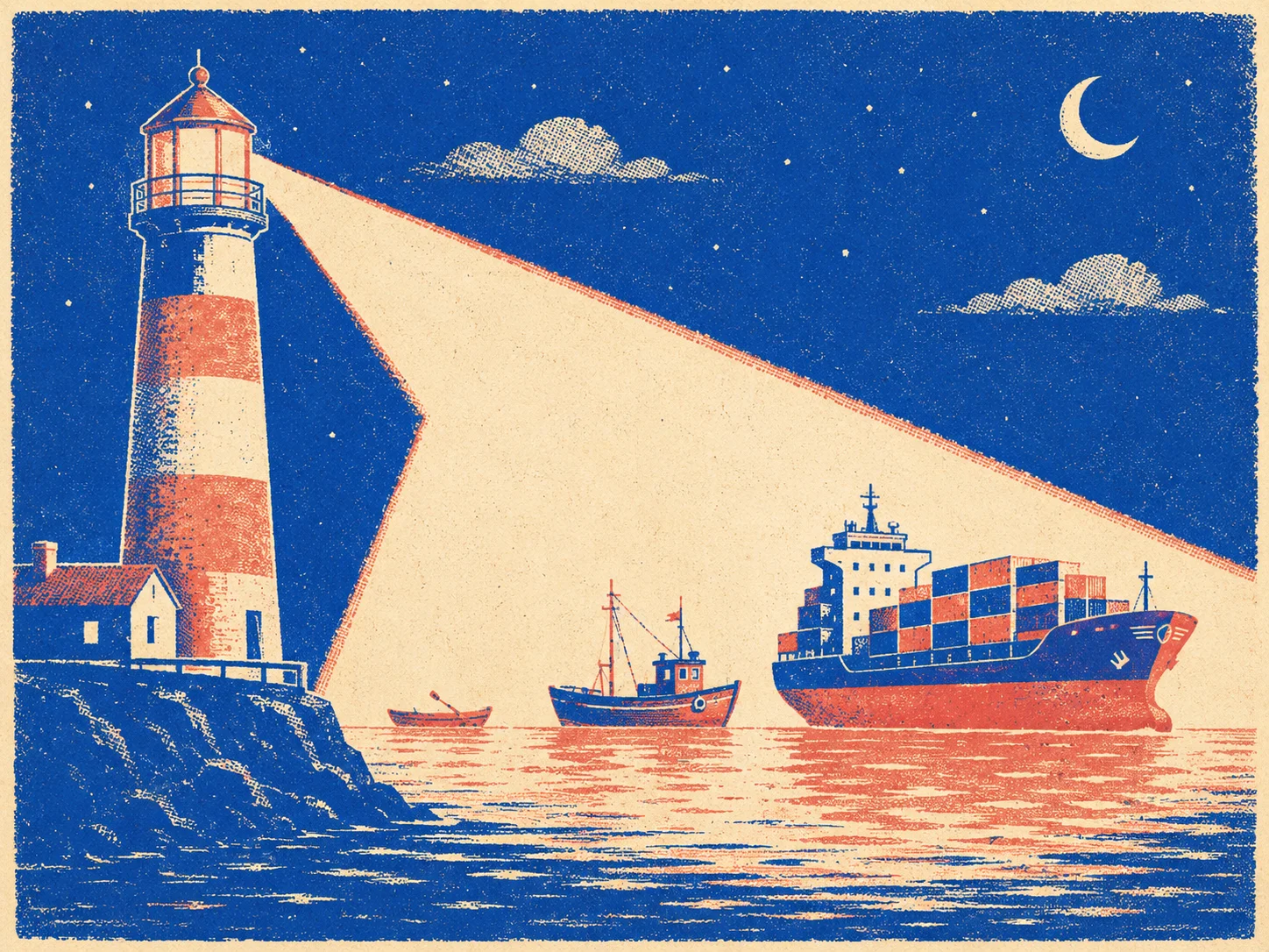 Illustration: a lighthouse watching over boats of every size in the same beam of light